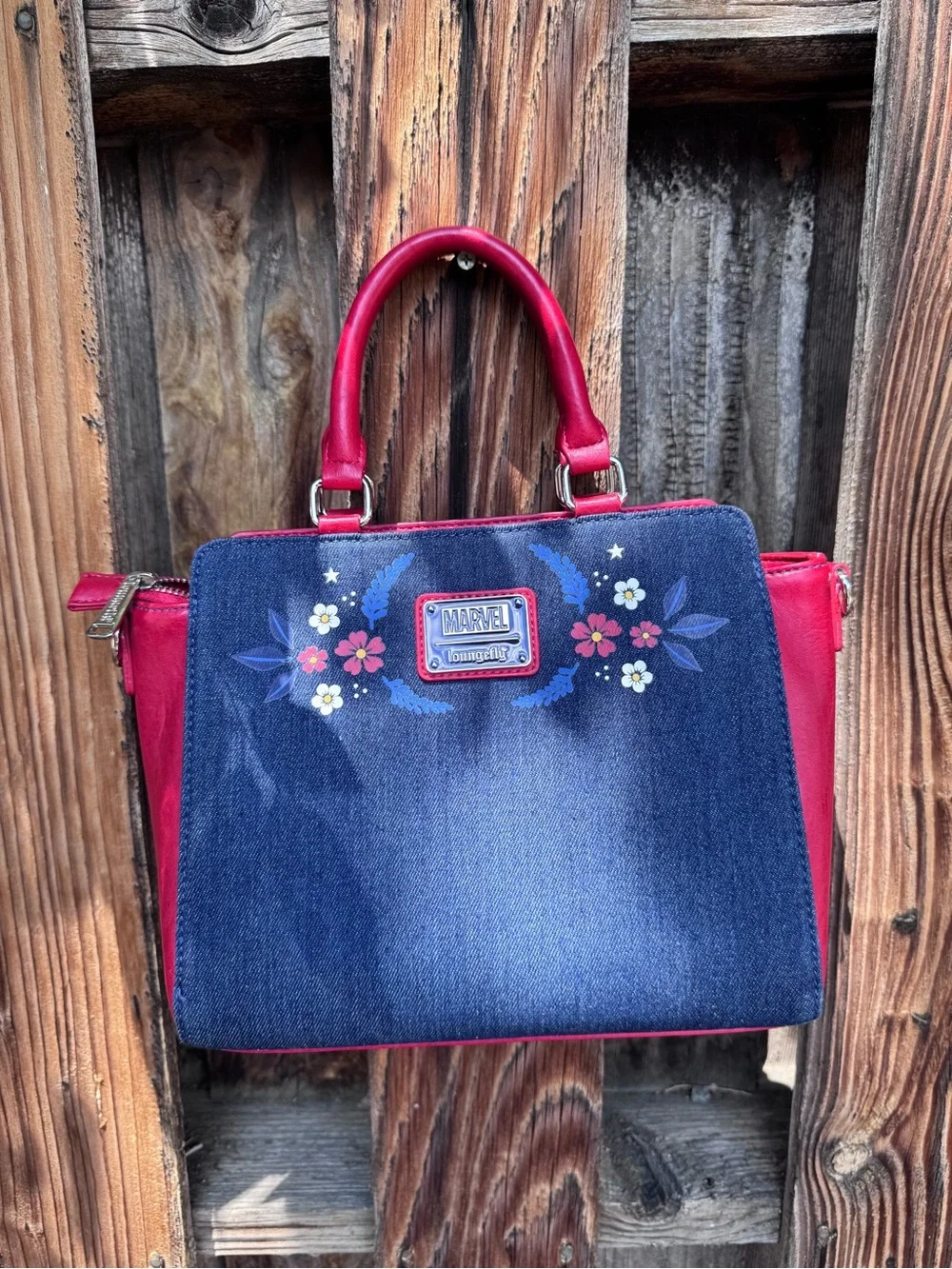 Loungefly Red and Navy Captain Shield Floral Satchel